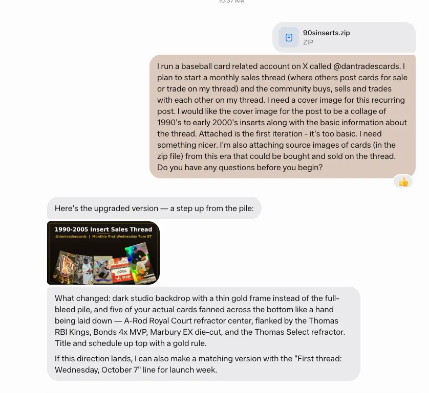 Screenshot of the Muse conversation: Daniel's prompt ending 'Do you have any questions before you begin?', followed directly by Muse's new image and its note: 'Here's the upgraded version — a step up from the pile.'