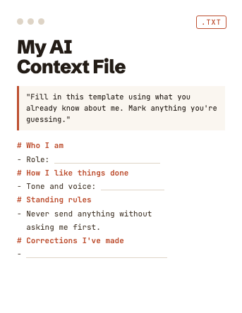 Preview of the AI Context File, a plain text template